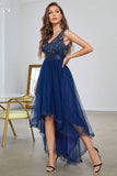 Asymmetrical A-Line V-Neck Dark Blue Prom Dress With Sleeveless