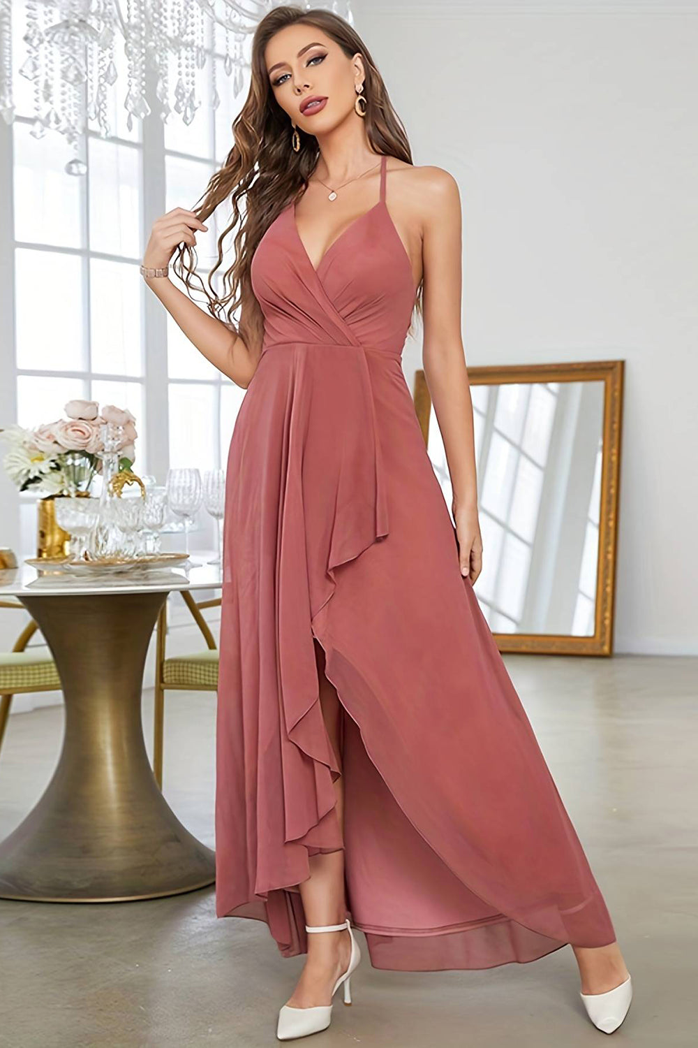 Coral A-Line Asymmetrical Halter Prom Dress With Sleeveless