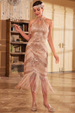 Champagne Glitter Halter Fringes Flapper Dress with Sleeveless