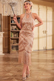 Champagne Glitter Halter Fringes Flapper Dress with Sleeveless