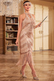 Champagne Glitter Halter Fringes Flapper Dress with Sleeveless