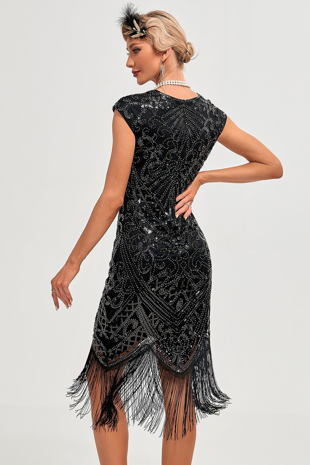 Wedtrend Women Sparkly Black Beaded Fringed 1920s Gatsby Dress Round Neck Flapper Dress, Black / XL