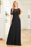 Sparkly Navy A Line Round Neck Sequin Formal Dress with Short Sleeves