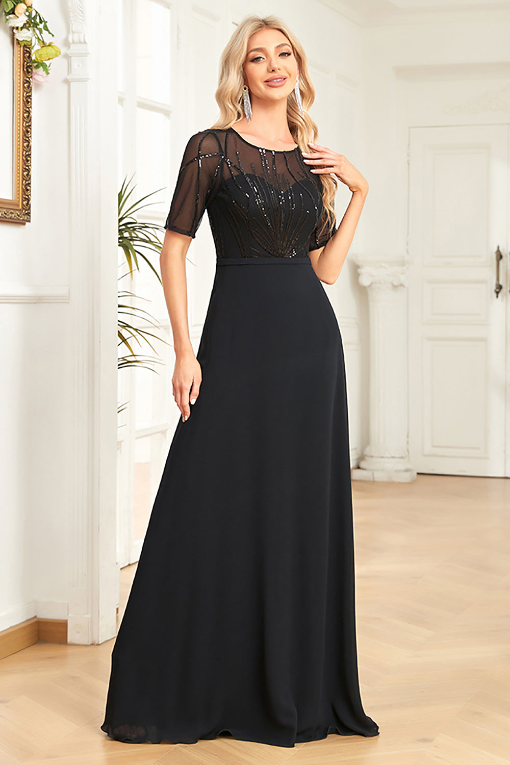 Wedtrend Women Sparkly Navy Wedding Guest Dress A Line Round Neck Sequin Mother Dress with Short Sleeves WEDTREND Wedtrend Women Sparkly Navy Wedding Guest Dress A Line Round Neck Sequin Mother Dress with Short Sleeves WEDTREND