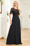 Sparkly Navy A Line Round Neck Sequin Formal Dress with Short Sleeves