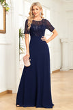 Sparkly Navy A Line Round Neck Sequin Formal Dress with Short Sleeves