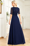 Sparkly Navy A Line Round Neck Sequin Formal Dress with Short Sleeves