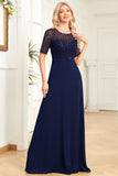 Sparkly Navy A Line Round Neck Sequin Formal Dress with Short Sleeves
