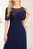 Sparkly Navy A Line Round Neck Sequin Formal Dress with Short Sleeves