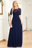 Sparkly Navy A Line Round Neck Sequin Formal Dress with Short Sleeves