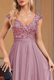 A Line Pink Tulle Sparkly Formal Dress with Sequins