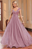 A Line Pink Tulle Sparkly Formal Dress with Sequins