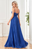 Glitter Dark Blue A-Line Spaghetti Straps Long Prom Dress