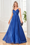 Glitter Dark Blue A-Line Spaghetti Straps Long Prom Dress