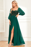 A-Line Dark Green Sequins Prom Dress with Sleeves