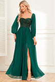 A-Line Dark Green Sequins Prom Dress with Sleeves