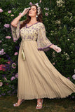 Apricot A Line Long Sleeves Plus Size Formal Dress with Ruffles