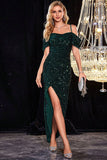 Sparkly Dark Green Cold Shoudler Sequins Porm Dress with Slit