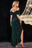 Sparkly Dark Green Cold Shoudler Sequins Prom Dress with Slit