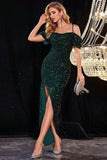Sparkly Dark Green Cold Shoudler Sequins Prom Dress with Slit