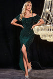 Sparkly Dark Green Cold Shoudler Sequins Prom Dress with Slit