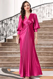 Hot Pink Ruffles Formal Dress with Half Sleeves