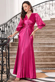 Hot Pink Ruffles Formal Dress with Half Sleeves
