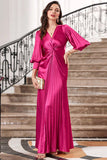 Hot Pink Ruffles Formal Dress with Half Sleeves