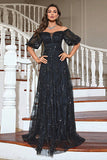 Black A-Line Puff Sleeves Long Prom Dress with Sequins