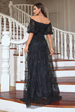 Black A-Line Puff Sleeves Long Prom Dress with Sequins
