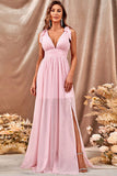 Pink A-Line Pleated Long Wedding Guest Dress with Slit