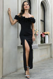 Black Off The Shoulder Long Prom Dress with Slit