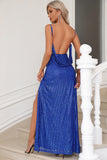 Sparkly Royal Blue Spaghetti Straps Long Prom Dress with Slit