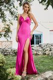 Mermaid Fuchsia Spaghetti Straps Beaded Long Prom Dress with Slit