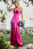 Mermaid Fuchsia Spaghetti Straps Beaded Long Prom Dress with Slit