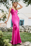 Mermaid Fuchsia Spaghetti Straps Beaded Long Prom Dress with Slit