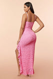 Pink Spaghetti Straps Lace Ruffles Party Dress with Slit