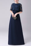 Navy Short Sleeves A-line Chiffon Floor Length Mother of the Bride Dress
