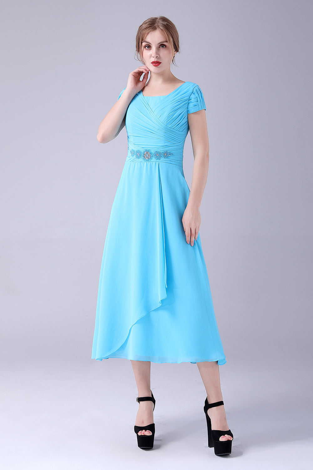 Sky Blue A-Line Square Neck Pleated Mother Of the Bride Dress