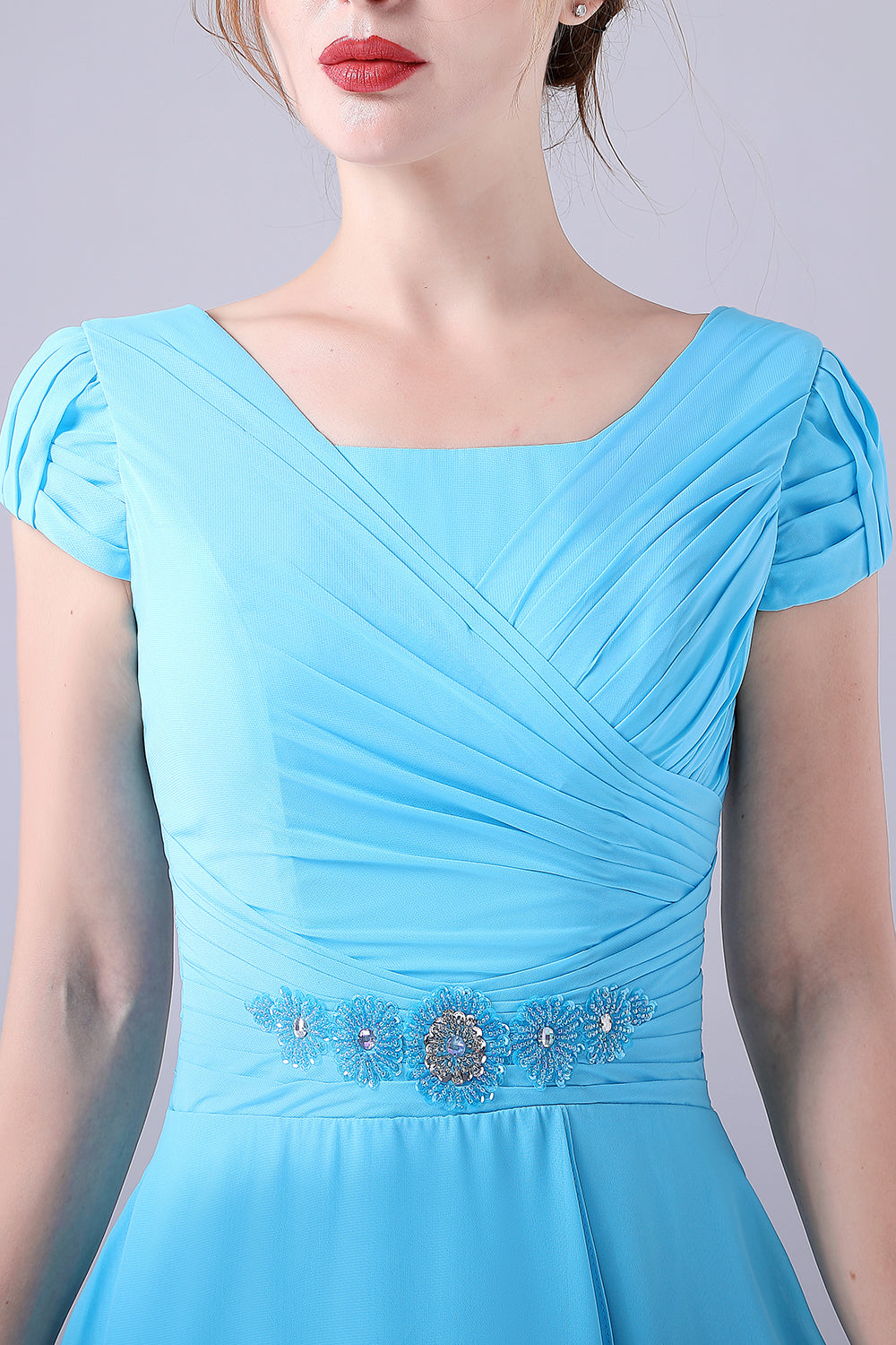 Sky Blue A-Line Square Neck Pleated Mother Of the Bride Dress