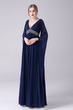 Navy A-Line V-Neck Chiffon Pleated Long Mother Of the Bride Dress Long Sleeves