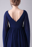 Navy A-Line V-Neck Chiffon Pleated Long Mother Of the Bride Dress Long Sleeves
