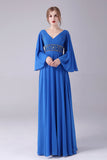 Royal Blue A-Line V-Neck Pleated Long Mother Of the Bride Dress With Beading
