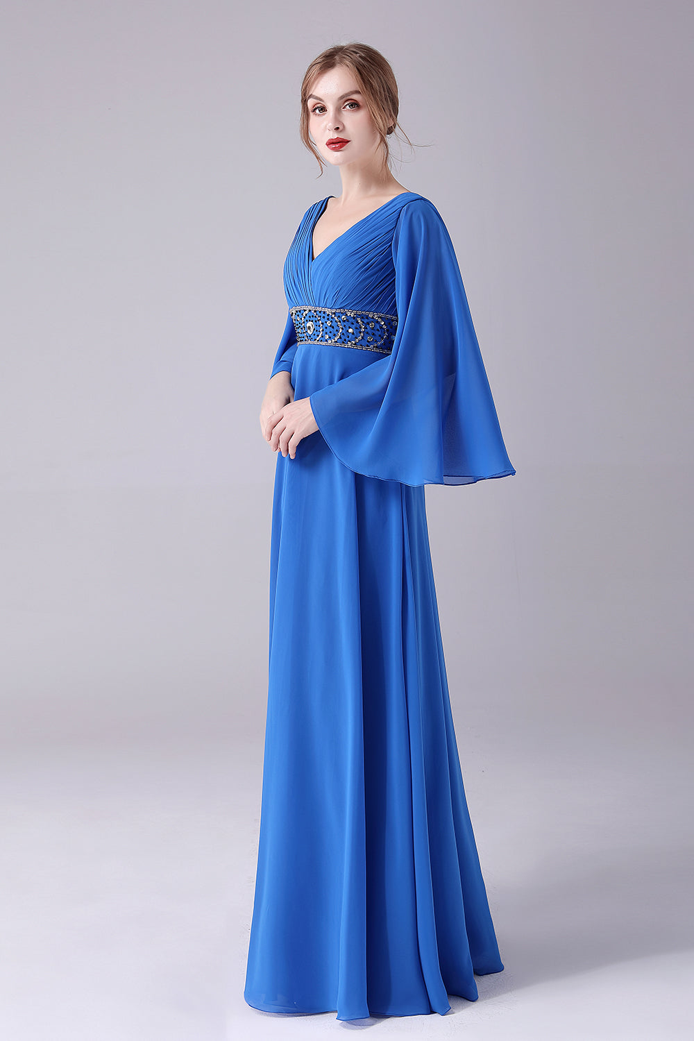 Royal Blue A-Line V-Neck Pleated Long Mother Of the Bride Dress With Beading