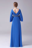 Royal Blue A-Line V-Neck Pleated Long Mother Of the Bride Dress With Beading