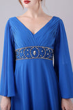Royal Blue A-Line V-Neck Pleated Long Mother Of the Bride Dress With Beading