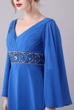 Royal Blue A-Line V-Neck Pleated Long Mother Of the Bride Dress With Beading