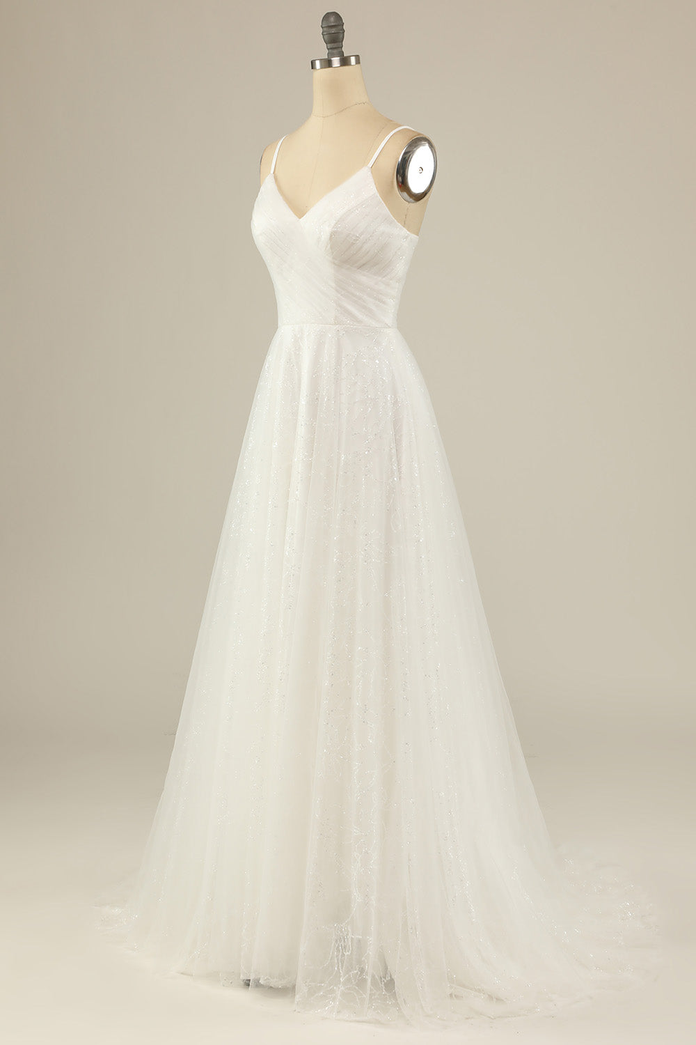 White A Line Spaghetti Straps Tulle Floor-Length Wedding Dress
