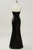 Black Mermaid Strapless Sequined Mermaid Long Prom Dress