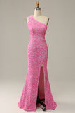 Fuchsia Sequined One Shoulder Mermaid Long Prom Dress With Slit